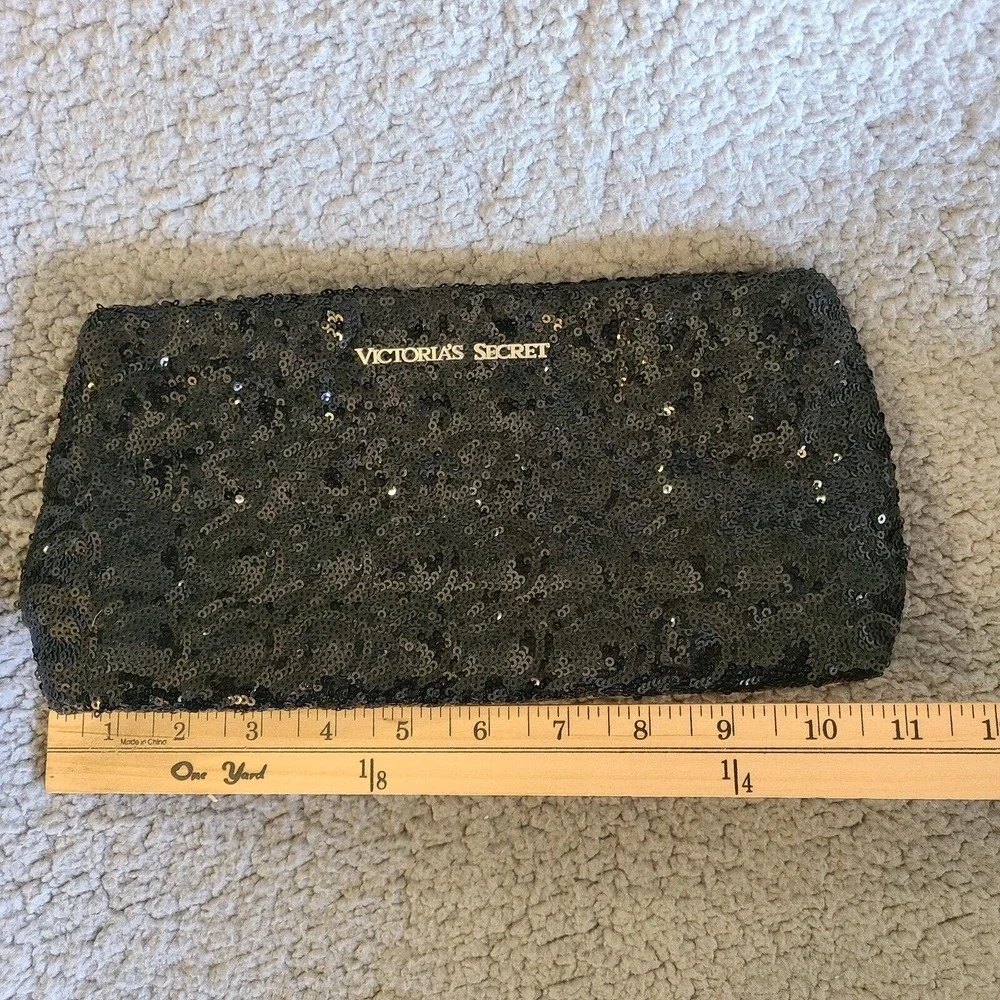Victoria's Secret Make‎ Up Bag Black Sequin Shiney Faux Leather Snap Button